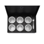 bamboe theedoos 6 vakken zwart met 6 ronde theeblikken boven