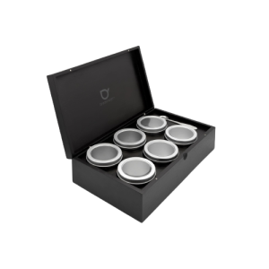 bamboe theedoos 6 vakken zwart met 6 ronde theeblikken